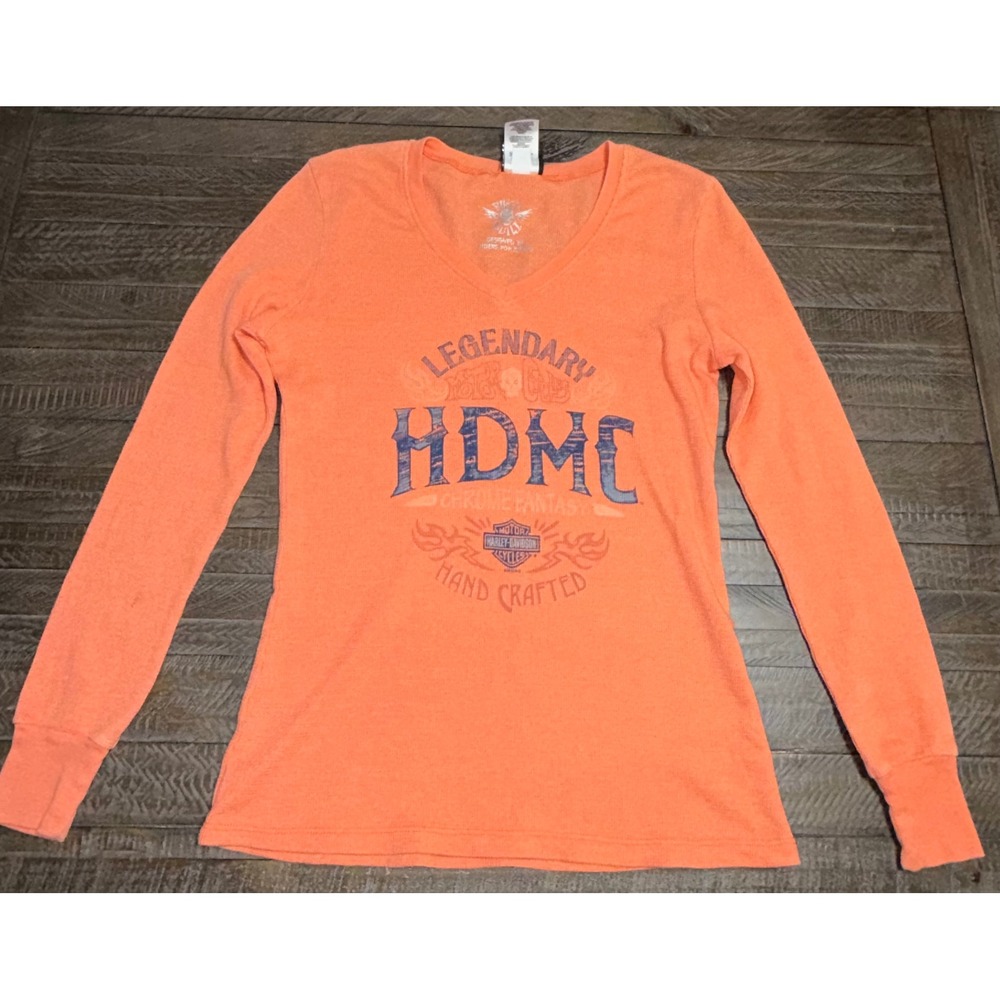 Harley-Davidson Thermal Top S Orange Graphic V-Neck Long Sleeve Biker Preloved